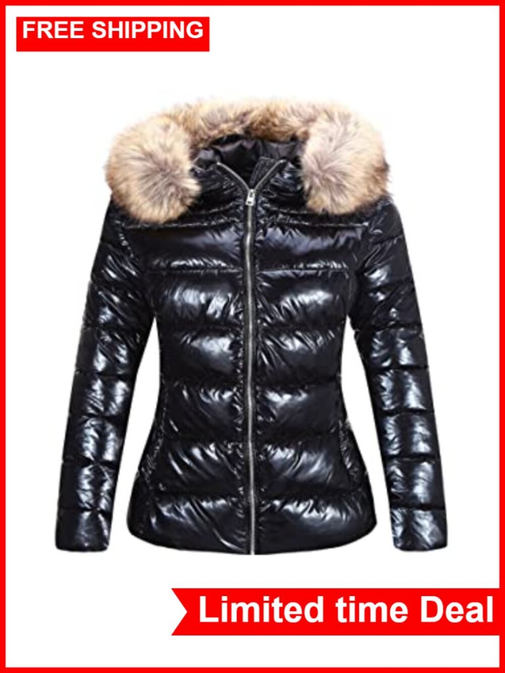 Quilted Puffer Jacket Slim Fit Hood Winter Coat Faux Fur Collar